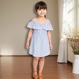 👚2/$10👗3/$12 Old Navy Off Shoulder Blue White Striped Linen Blend Dress 18-24M